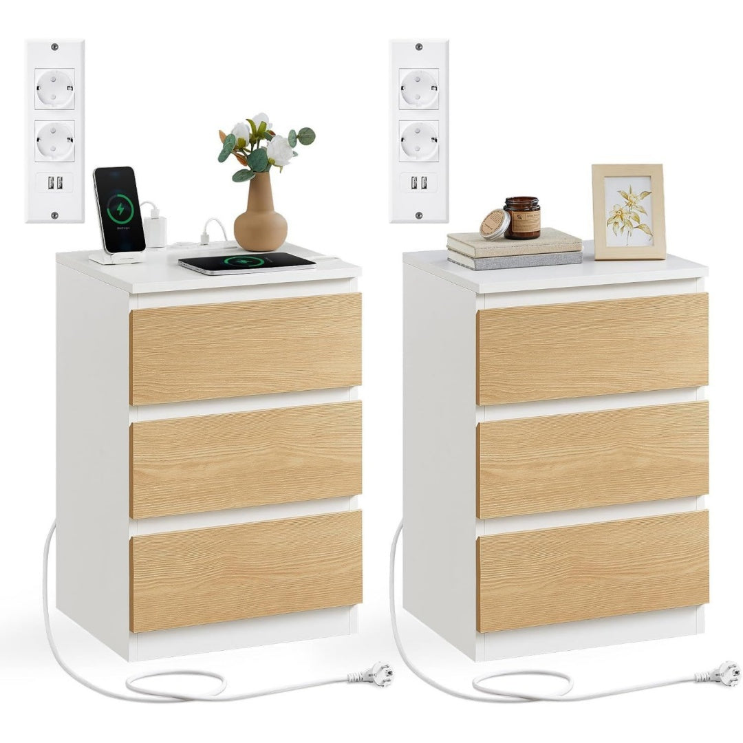 Table de chevet beige avec un port de chargement USB