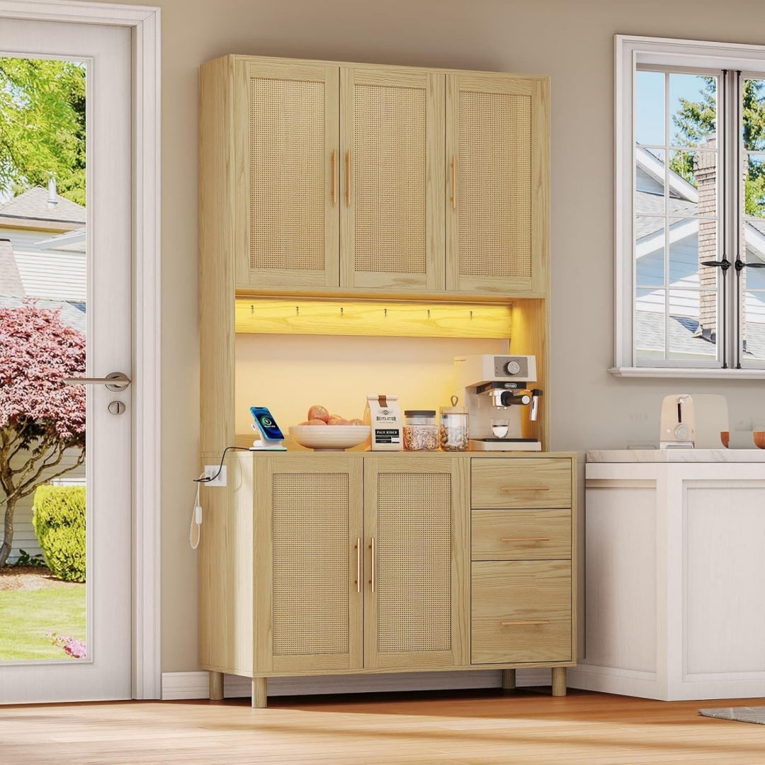 Buffet haut en verre trempe, marron, contemporain (180 x 105 x 40 cm)