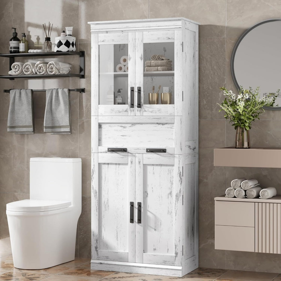 Meuble colonne en verre trempe, quatre portes finition gris clair