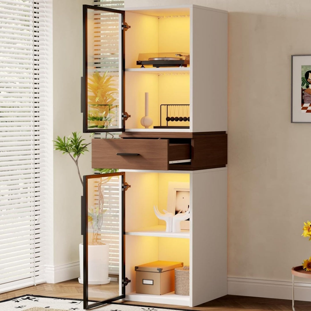 Contemporain, armoire vitree marron en bois 1 tiroir 2 portes
