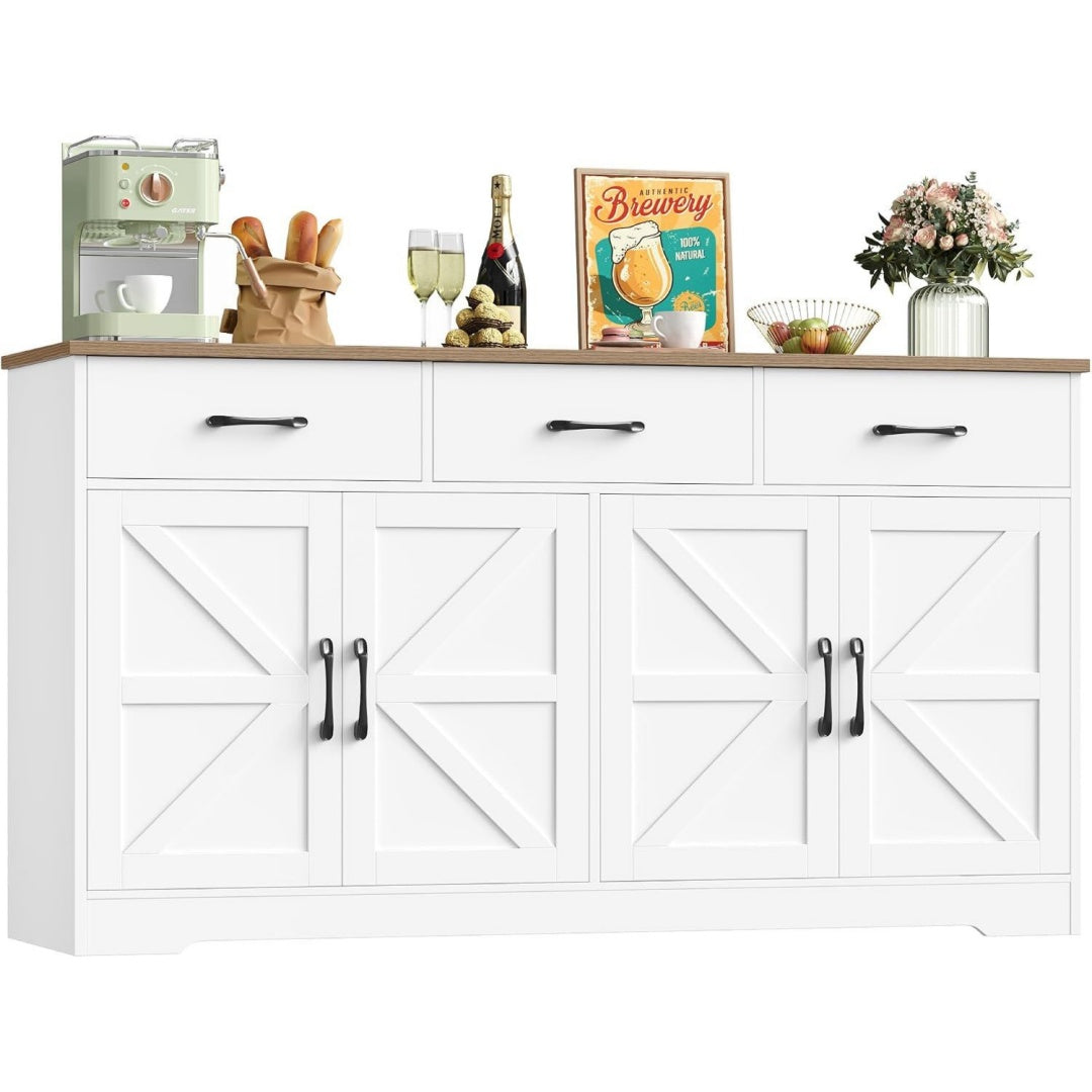 Credence gris clair 150 cm, a 4 portes 3 tiroirs en metal